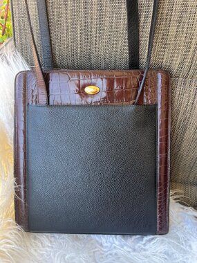 Vintage Bally Two-Tone Leather Shoulder Bag Black Brown Croc